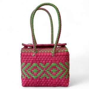 Mercado Mexican Colorful Plastic Hand Woven Tote Bag Mini Sized Top Snap Closure